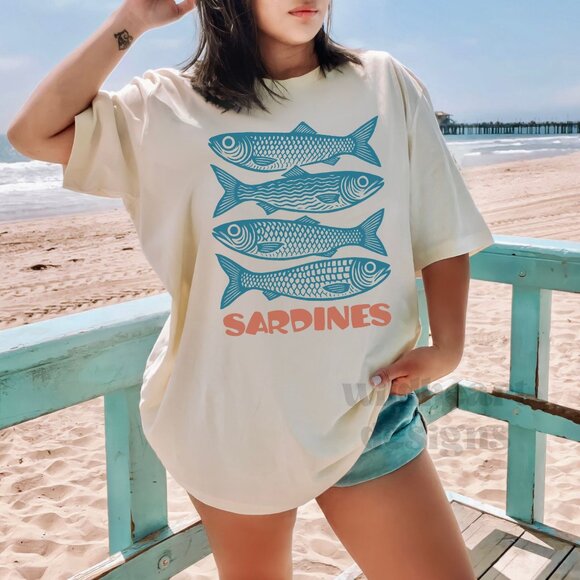 Tops - Sardines Shirt, Sardine Summer Shirt, Sardine Girl Shirt - Heather Dust XS-2X